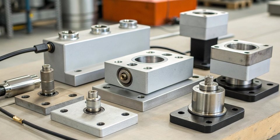 Various Load Cell Types A collection of different types of industrial load cells on a workbench.