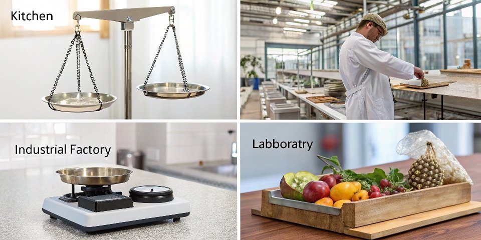 Various uses of weighing scales A collage of different types of weighing scales