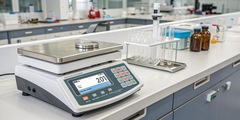 Electronic Scale An electronic scale on a clean, modern lab bench.