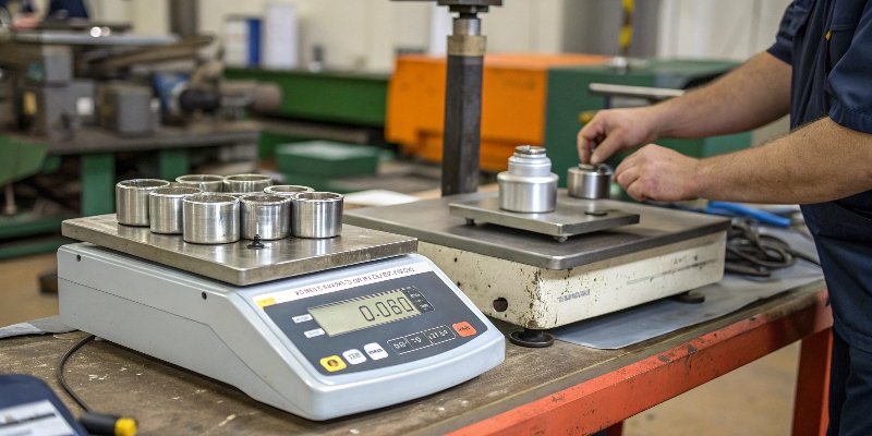 Weighing Machine Calibration An industrial scale being calibrated with standard weights