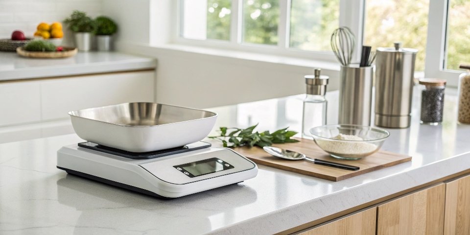 Digital Kitchen Scale for Precision Cooking a modern digital kitchen scale on a clean kitchen counter