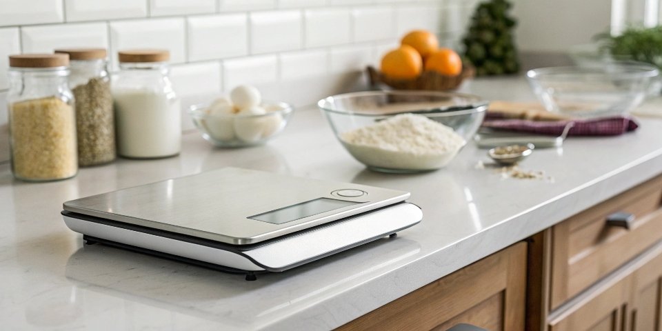 A sleek digital kitchen scale on a clean kitchen counter
