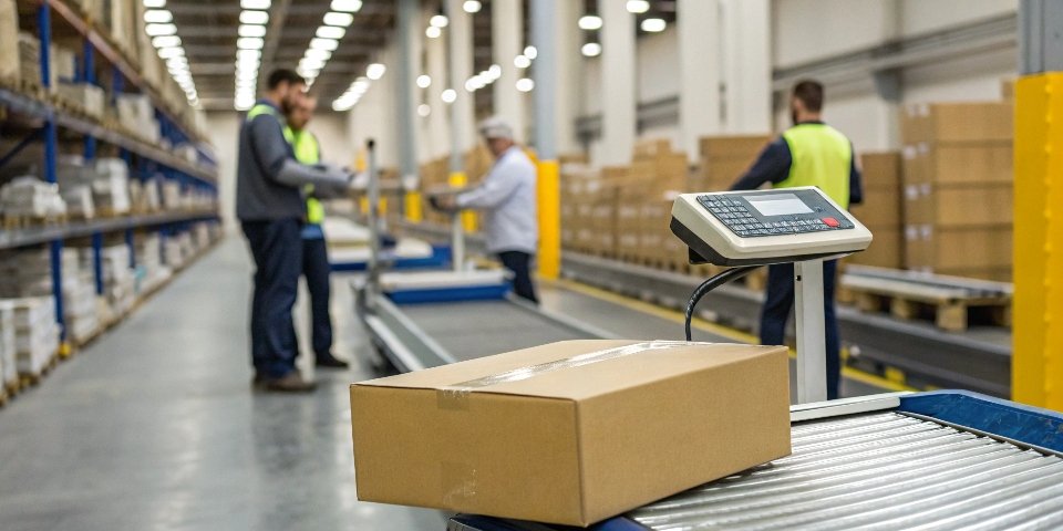 Industrial Counting Scale for Warehouse Efficiency An industrial counting scale being used in a busy warehouse