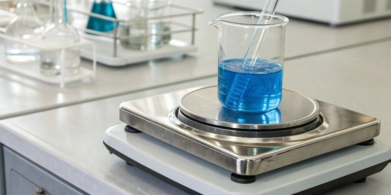 Best Digital Scale for Weighing Chemicals A laboratory balance with a beaker of blue chemical on its stainless steel pan.