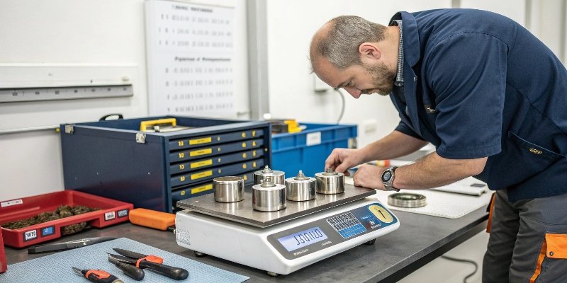 Load Cell Calibration A technician calibrating an industrial weighing scale with certified weights.
