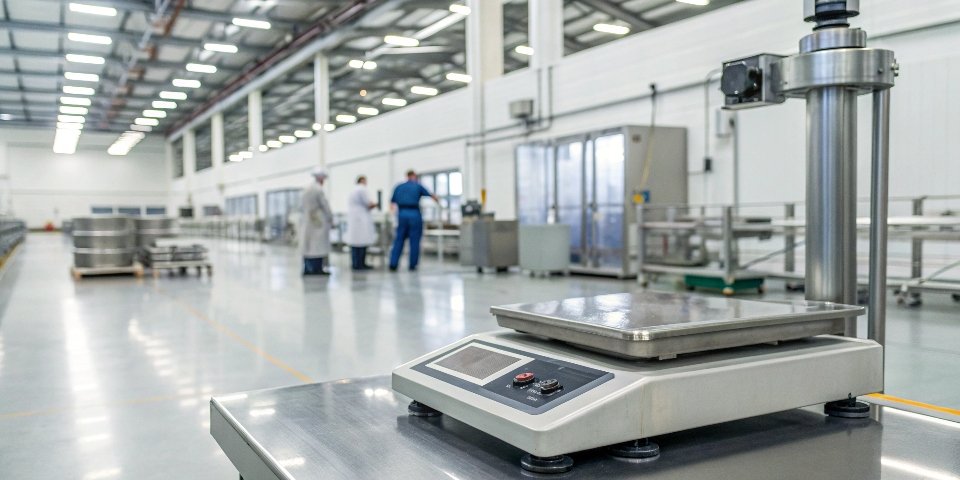 Industrial Weighing Machine A modern industrial weighing scale in a clean factory setting.