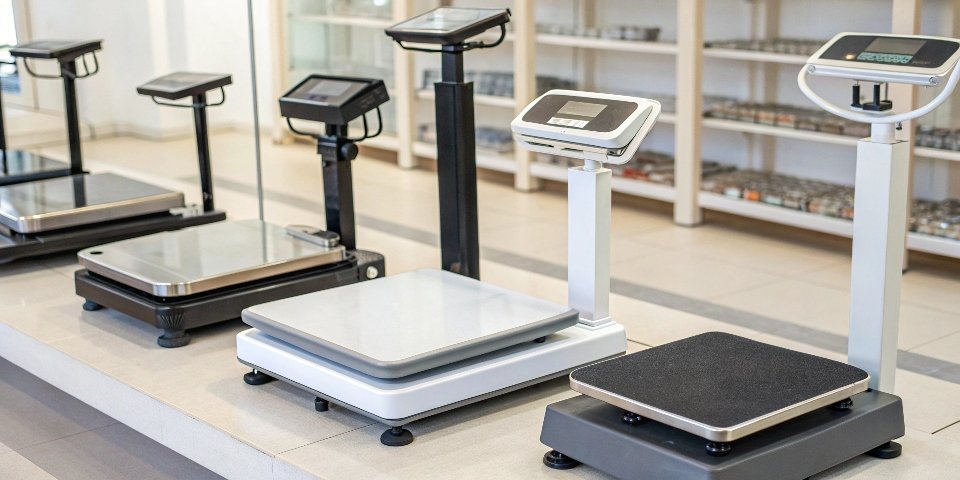 A collection of different types of weighing scales on display