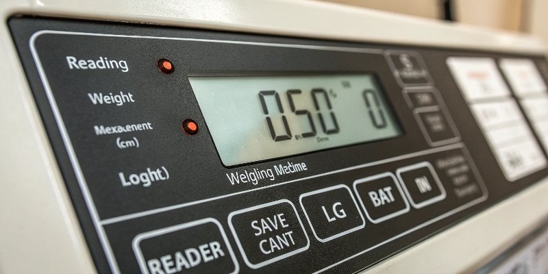 Weighing Machine Mechanism A close-up of a digital weighing machine's display showing a reading