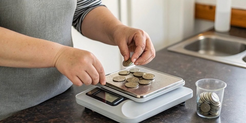 A person using coins to calibrate a small digital scale