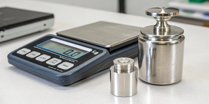 100g Calibration Weight and Scale A 100g calibration weight sitting next to a digital scale on a clean worktop.