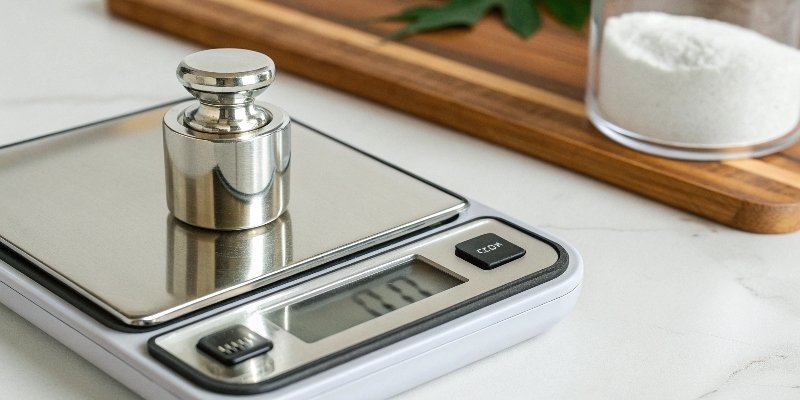 A 200g digital scale being calibrated with a shiny chrome weight