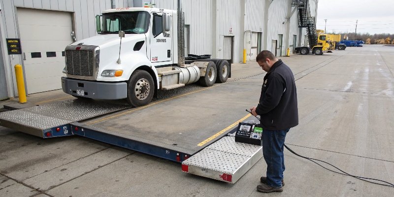 Commercial Truck Scale Calibration in Progress A technician calibrating a large commercial truck scale with certified test weights.