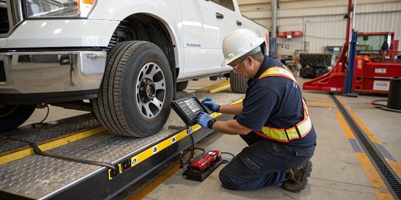 Truck Scale Calibration A technician adjusting a truck scale indicator during calibration.