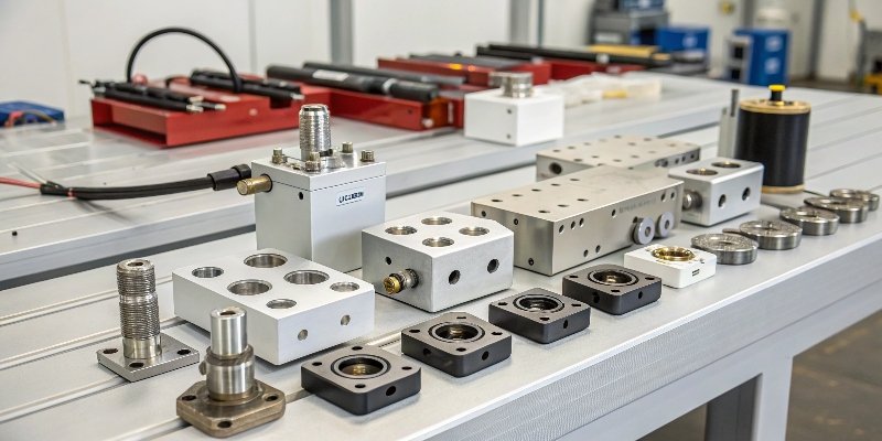Various Load Cell Types A collection of different types of industrial load cells on a workbench.