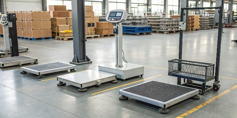 A selection of industrial weighing scales An assortment of industrial weighing scales on a factory floor