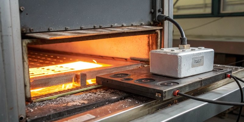 High-Temperature Load Cell for Ovens A high-temperature load cell inside a glowing industrial oven