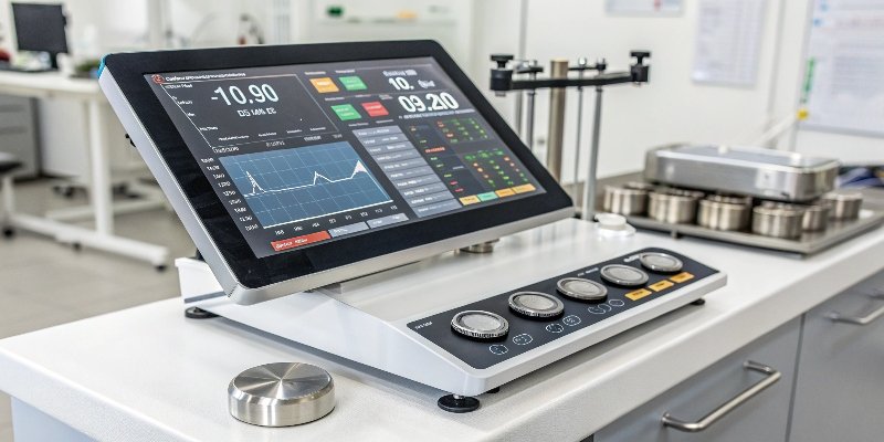 Smart Scale with Data Analytics An advanced industrial smart scale displaying graphs and data on an integrated screen