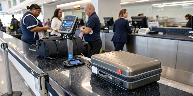 Airport Luggage Weighing Scale A luggage scale at an airport check-in counter