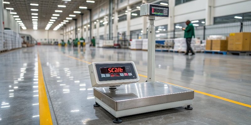 Reliable Industrial Scale An industrial weighing scale showing a stable reading in a clean factory environment.