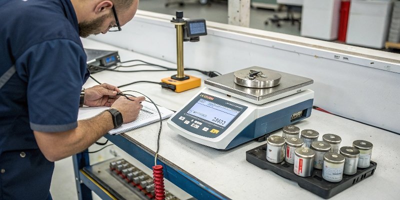 A digital scale being calibrated. Digital scale on a workbench undergoing calibration