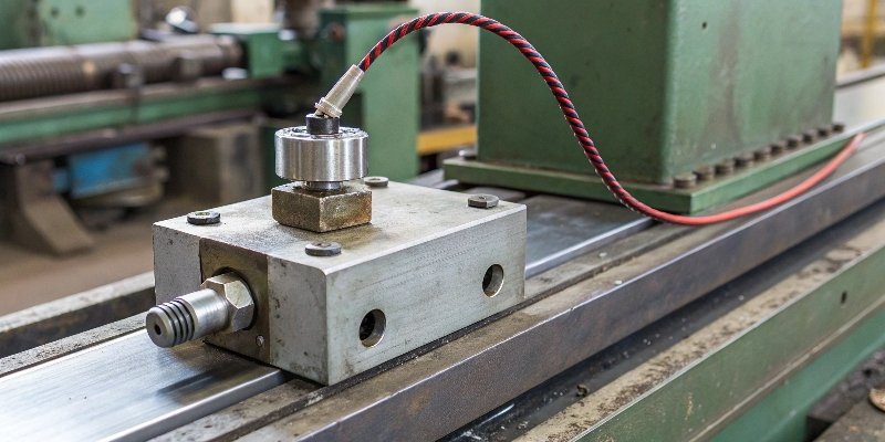 A close-up of a piezoelectric load cell measuring vibrations on a piece of machinery.