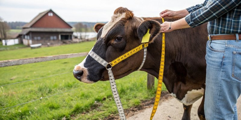 Estimating livestock weight person measuring a cow with a tape measure