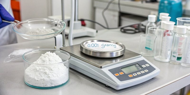 High-Precision Weighing A high-precision laboratory scale displaying a reading of a small amount of white powder.