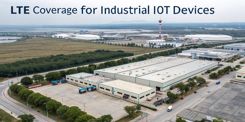 LTE Coverage for Industrial IoT Devices A map showing cellular tower signals covering a wide industrial area