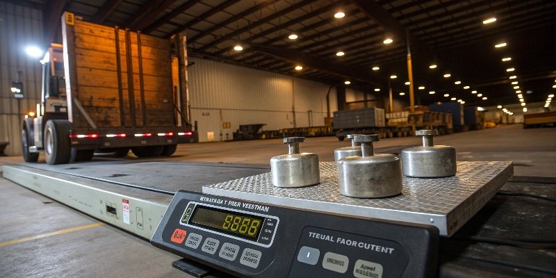 Certified Test Weights on Scale Certified test weights being placed on a truck scale deck.