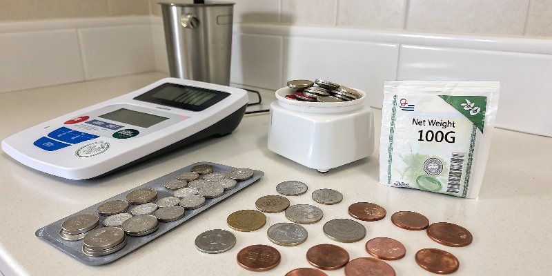 Household Items for Scale Calibration An assortment of household items like coins and a sugar packet on a kitchen counter.