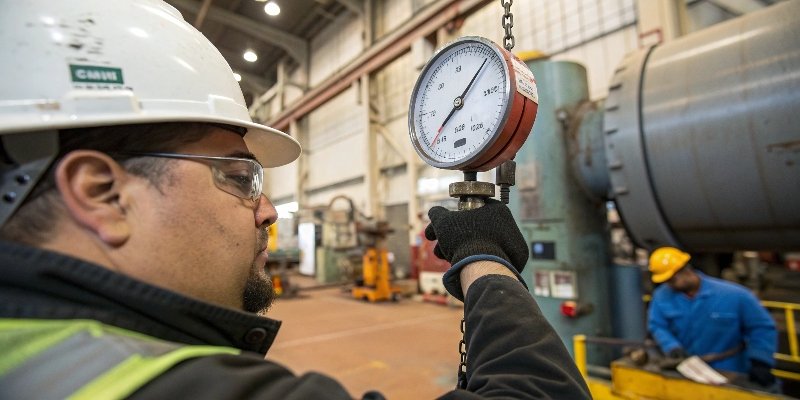 Industrial Scale Calibration A close-up of a technician adjusting a scale indicator in a factory