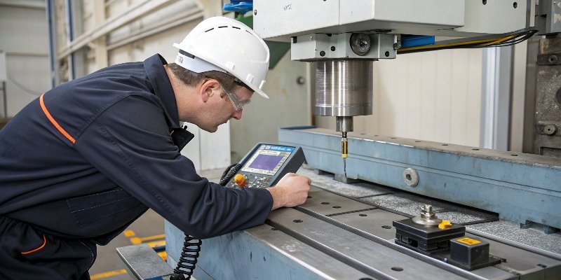 Precision Weighing Inspection An engineer inspecting an industrial scale for accuracy