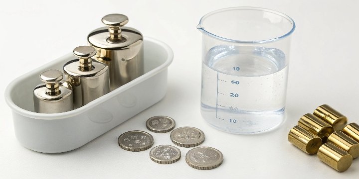 A comparison of professional calibration weights and everyday items like coins and water