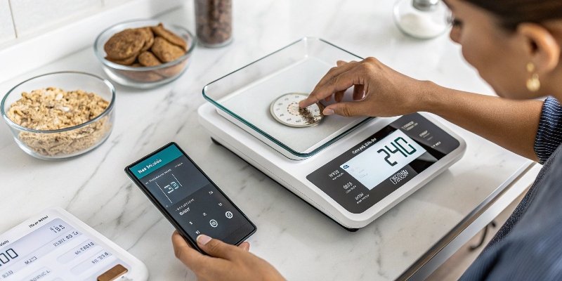 Digital Scale with Advanced Features A person tapping a button on a digital scale display showing data transfer icon
