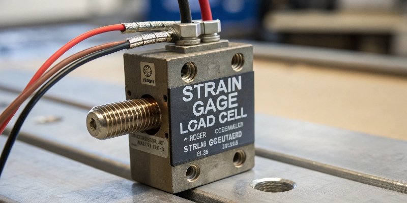A close-up of a strain gauge load cell component
