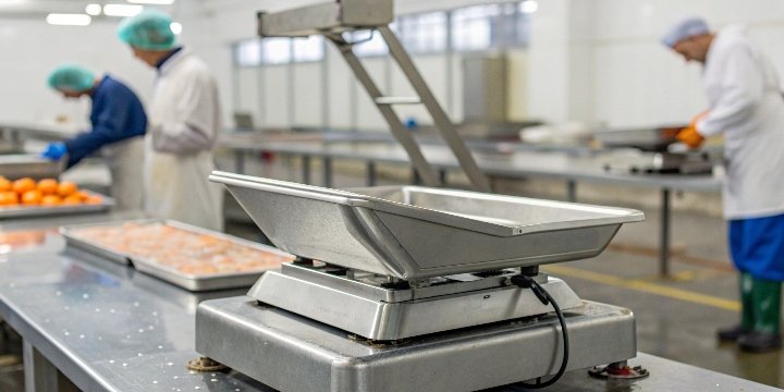A washdown-safe industrial scale A stainless steel scale in a wet food processing environment