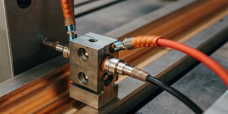 Load Cell Function in Machinery A close-up shot of a load cell integrated into an industrial machine.