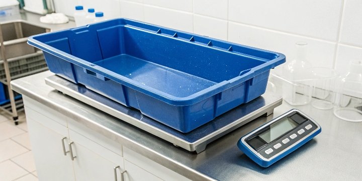 Using a Weigh Boat on a Scale A blue plastic weigh boat sitting on a digital scale's platform.