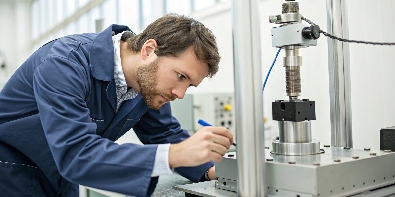 Load Cell Quality Assurance A quality inspector testing a load cell with specialized equipment.