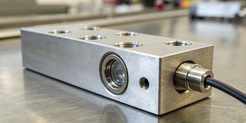 Industrial Shear Beam Load Cell A close-up shot of a stainless steel shear beam load cell