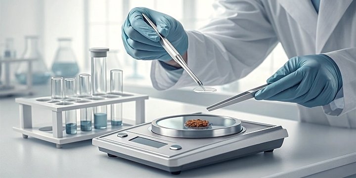 Calibrating a Sensitive Scale A lab technician carefully placing a small certified weight on an analytical balance with tweezers.