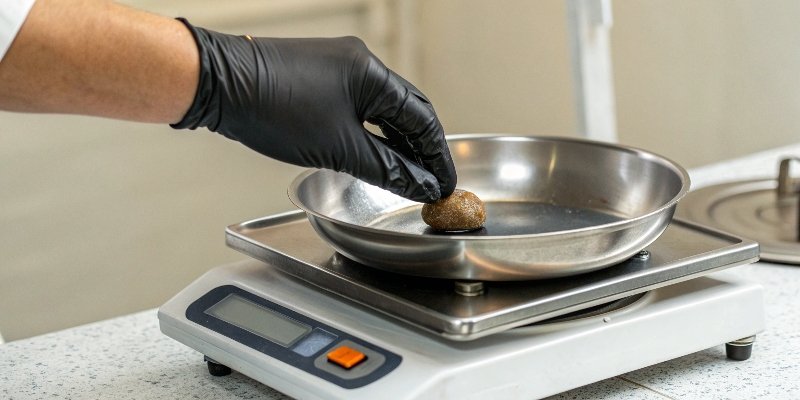 Calibrating a Scale with a Standard Weight A gloved hand placing a certified weight onto a digital scale's platform.