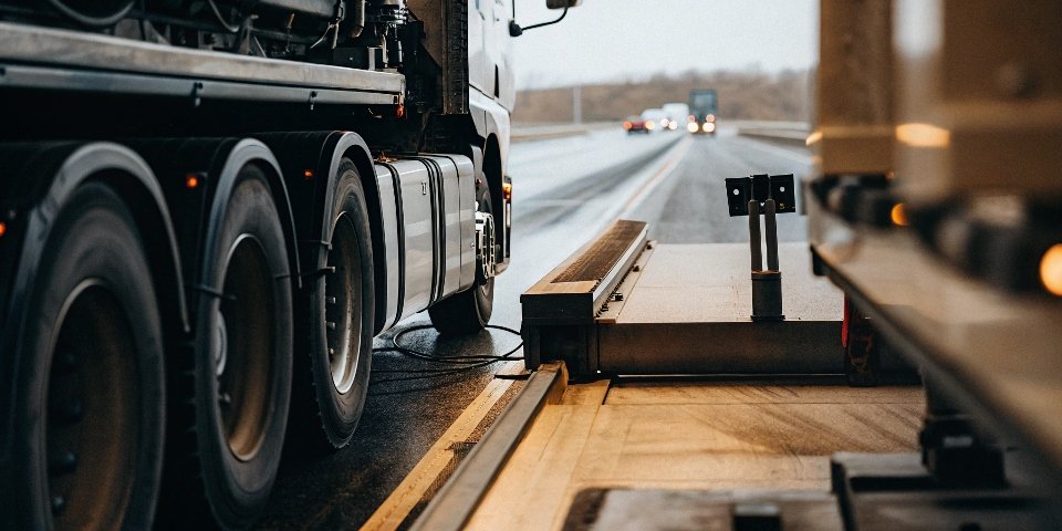 A truck being weighed at a highway checkpoint