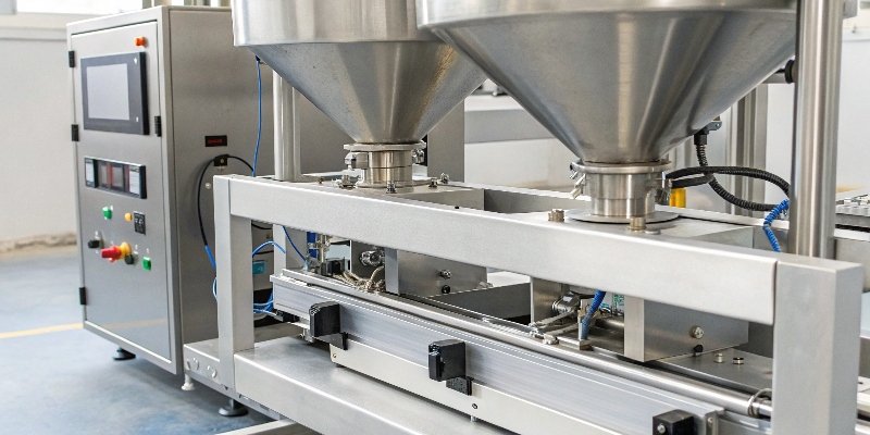 Close-up of the main components of a packing scale machine