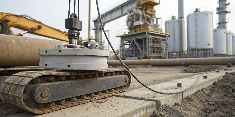 Durable Hydraulic Load Cell in Action A hydraulic load cell being used in a harsh industrial environment like a chemical plant