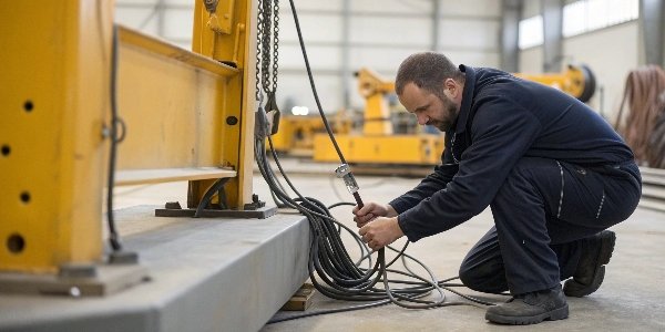 A technician inspecting the cables of an industrial weighing scale.