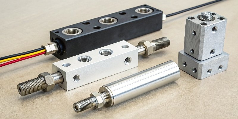Types of Load Cells Side-by-Side a comparison image showing strain gauge, hydraulic, and pneumatic load cells