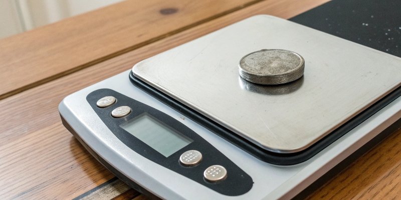 Testing a scale's accuracy with an object of known weight. A known weight object, like a coin, on a digital scale