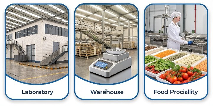 Application-specific industrial scales A collage of scales in a lab, warehouse, and food facility