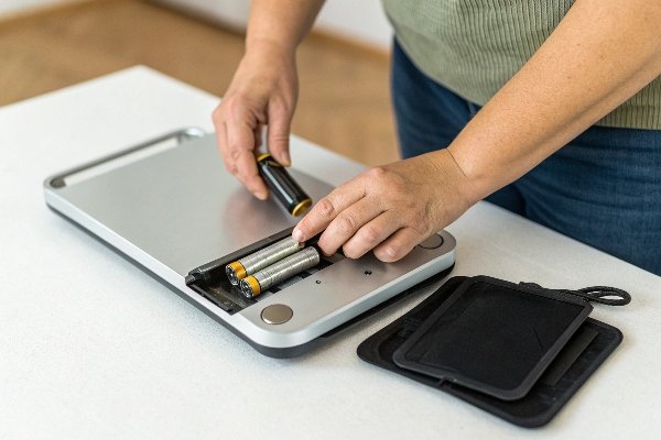 Resetting a Digital Scale A person removing batteries from the back of a digital scale